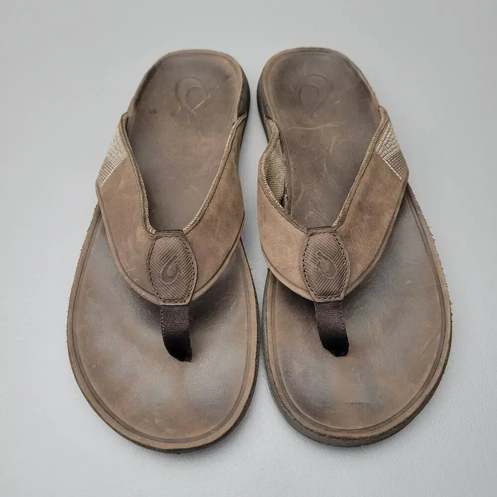 OluKai Tuahine Mens Leather Thongs Flip Flop Beach Vacation Sandals Shoes Sz 13